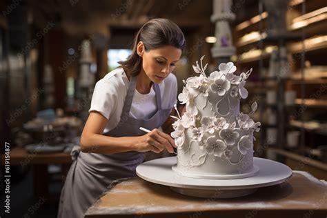 The Pastry Chef Meticulously Decorates A Cake With Intricate Piping Delicate Sugar Flowers Or