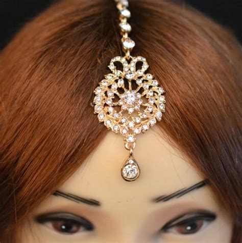 Gold Crystal Indian Matha Patti Tikka Head Chain Jewelry Bridal Wedding