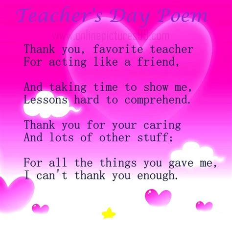 Teacher S Day Poem With Hearts And Clouds In The Background On A Pink