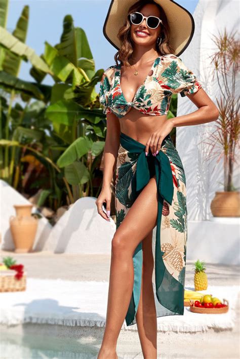 Buy Tropical Printed Bikini With Sarong 3 Pcs Angel Croshet