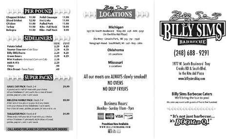 Menu at Billy Sims BBQ, Troy