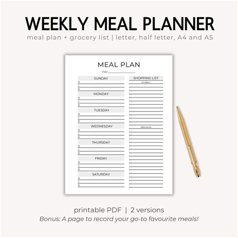 Weekly Meal Planner With Grocery List Printable 7 Day Menu - Etsy