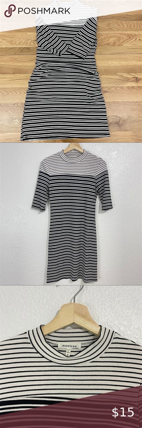 Monteau Los Angeles Womens Dress Striped Mock Neck Half Sleeve