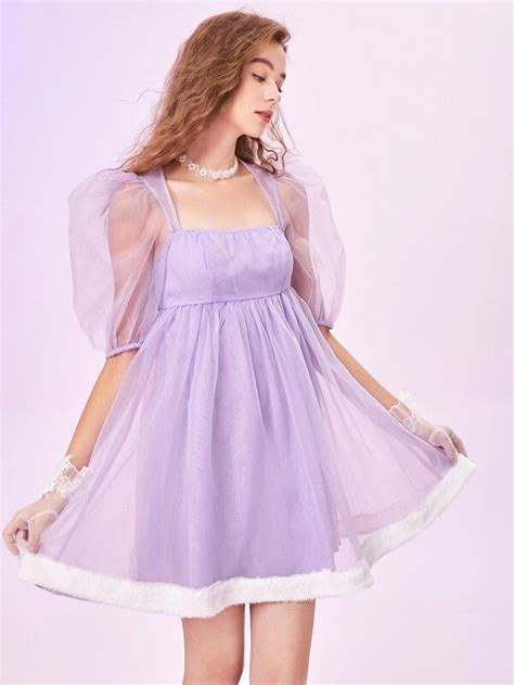 SHEIN MOD Vestidos Gola Quadrada Manga Bufante Oco para trás Organza