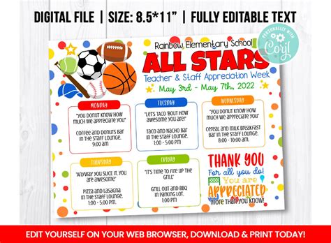 EDITABLE Sports Teacher And Staff Appreciation Week Flyer Itinerary