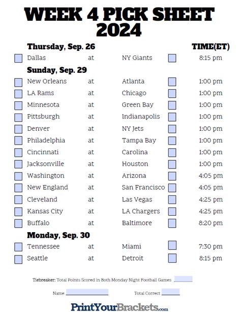 Fillable Week 4 Nfl Pickem Sheet 2024