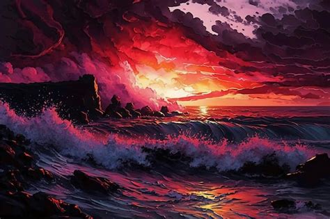 Premium AI Image | A painting of a sunset over the ocean with a red sky and a wave crashing on ...