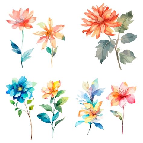 Un Ensemble De Fleurs Aquarelles Avec Une Feuille Verte Vecteur Premium