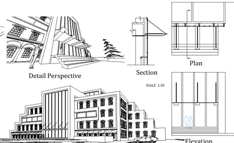 Perspective view, sectional detail of a building dwg file - Cadbull