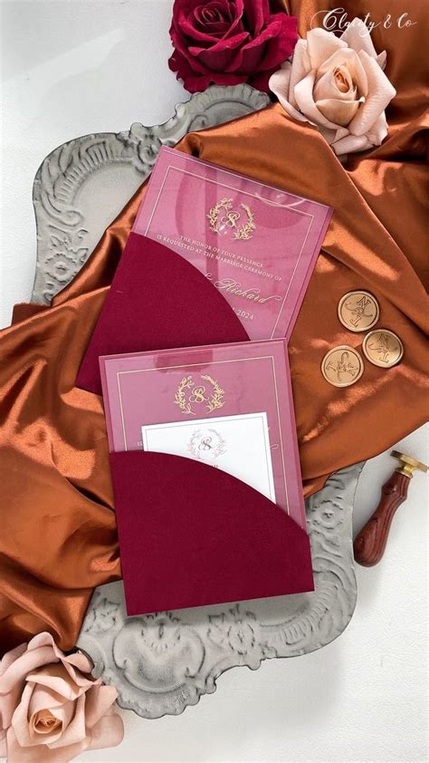 Luxury Gold Floral Acrylic Wedding Invitations With Burgundy Velvet