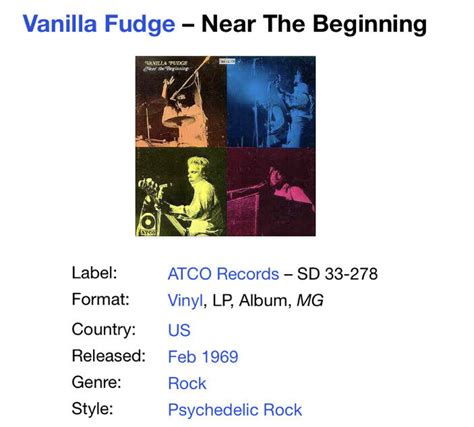 Vanilla Fudge Near The Beginning LP Vinyl Record 1969 Atco SD 33 278