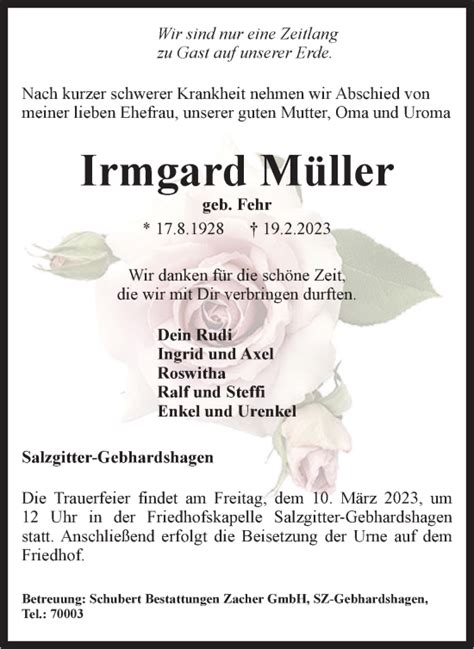 Traueranzeigen von Irmgard Müller trauer38 de