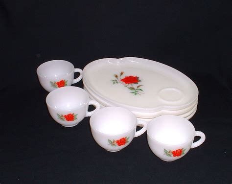 Vintage Milk Glass Luncheon Plates And Matching Cups With Roses Federal