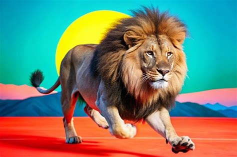 A Lion Running On A Stage With A Sun Behind It Premium AI Generated Image