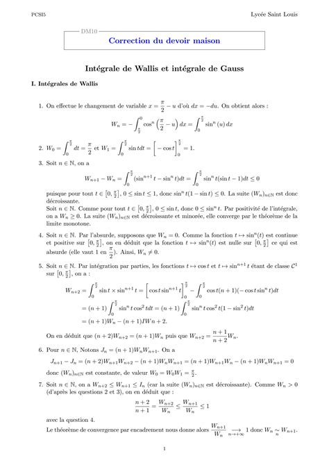 Solution Integrale De Wallis Et De Gauss Corrig Studypool