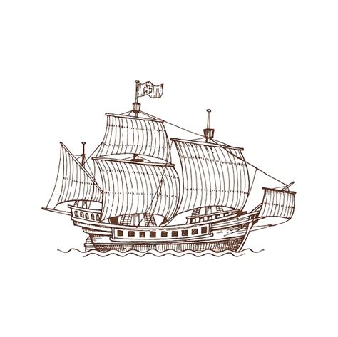 Galeon Okręt Wojenny Retro żaglówka Na Morzu Szkic Ikona Premium Wektor
