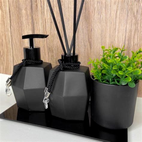 Kit Banheiro Preto Porta Sabonete Liquido Dispenser E Difusor