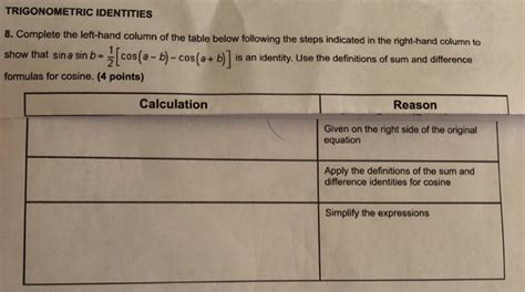 Solved Trigonometric Identities Left Hand Column Of The