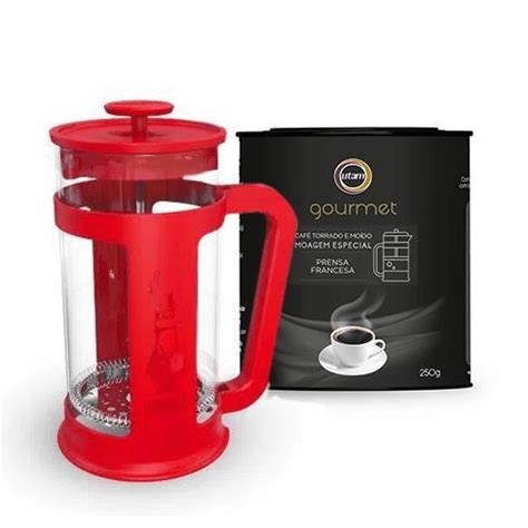 Kit Cafeteira French Press Smart 1L Vermelha Café Gourmet 250g