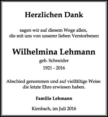 Traueranzeigen Von Wilhelmina Lehmann Schwarzw Lder Bote Trauer