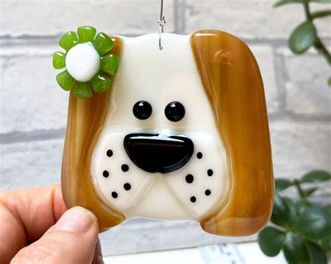 Glass Dog Ornament Brown And White With A Green Flower Fused Glass