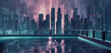 Neon Glow Mega City With Light Reflection From Puddles On Building Deck