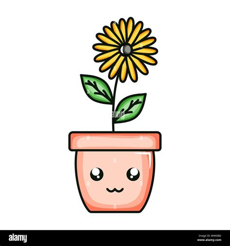 Beautiful Flower With Leafs In Ceramic Pot Kawaii Character Vector