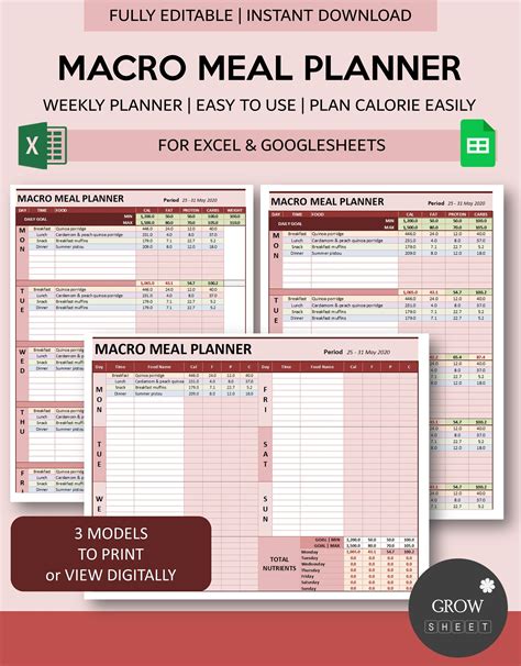 Macro Meal Planner For Excel And Googlesheets Fully Editable Etsy