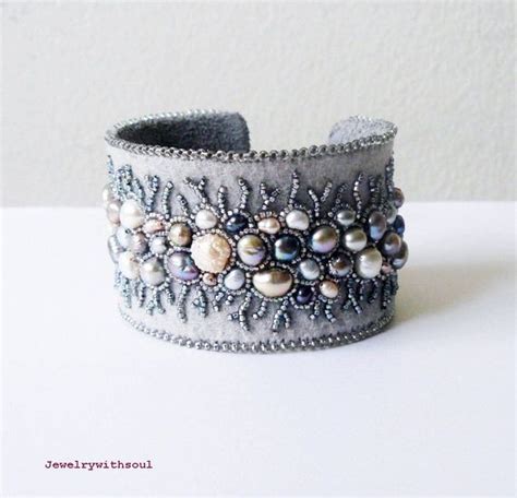 Bead Embroidery Cuff Bracelet Freshwater Pearl Cuff Statement