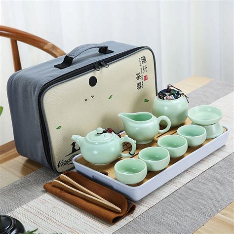 12pcsset Tea Travel Set Green Porcelain Outdoor Travel Tea Set