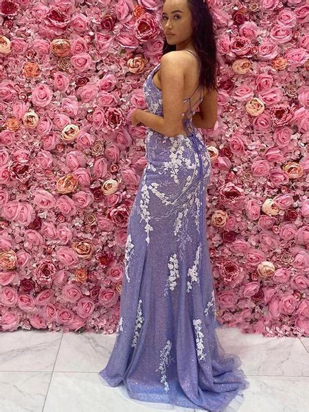 V Neck Mermaid Open Back Purple Lace Long Prom Dresses With High Slit Shiny Party