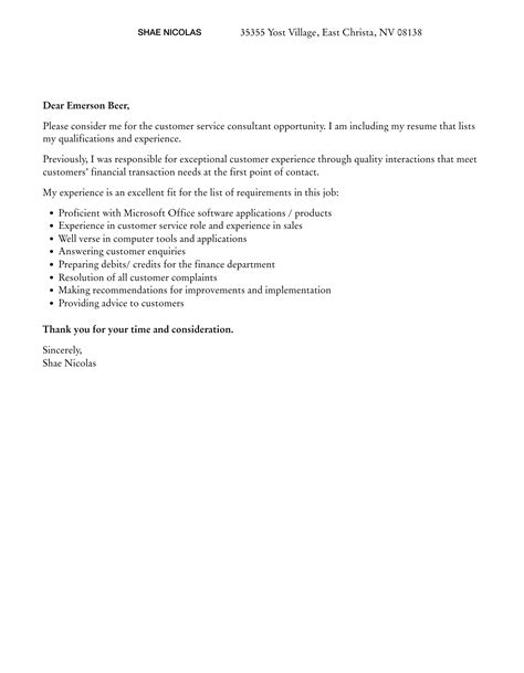 Customer Service Consultant Cover Letter Velvet Jobs