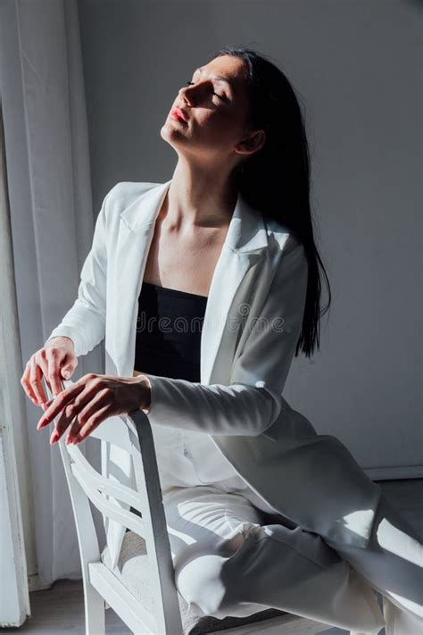 Beautiful Fashion Brunette Woman Sitting On Chair Portrait Stock Image Image Of Makeup Person