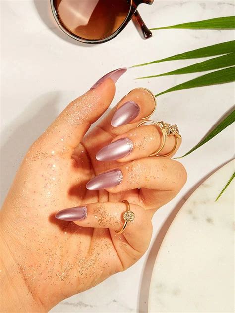 Shein 15 Juin 2019 Faux Ongles Violet Métallique à Paillettes Fake Nails Ballerina Style