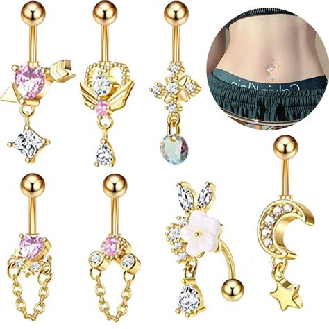 14g Heart Dangled Belly Button Rings Surgical Steel Bar Navel Piercing