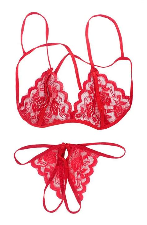 Sheer Lace Open Bust Bikini G String Crotchless Sexy Lingerie Set Red