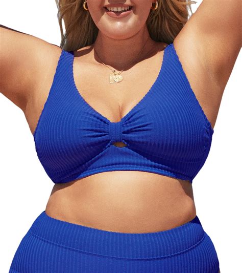 Cupshe Women Swimsuit Plus Size Bikini Top Ribbed Texture Knotted Front Fixed Wide Straps No