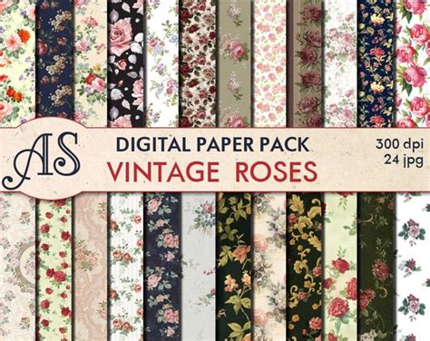 Digital Vintage Roses Paper Pack 24 Printable Digital Etsy