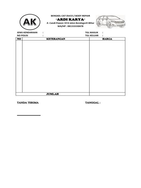 Contoh Nota Bengkel Mobil 54 Koleksi Gambar