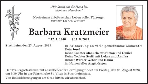 Traueranzeigen Von Barbara Kratzmeier Augsburger Allgemeine Zeitung