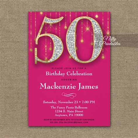 50th Birthday Invitations Pink Gold Diamonds Adult Nifty Printables