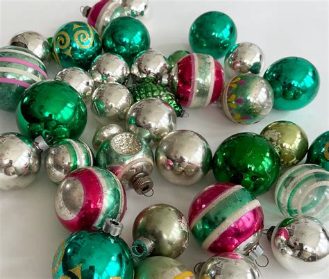 Vintage Green Glass Ornaments Mixed Lot Of 25 Green Silver Tone Christmas Tree Decor Shiny Brite