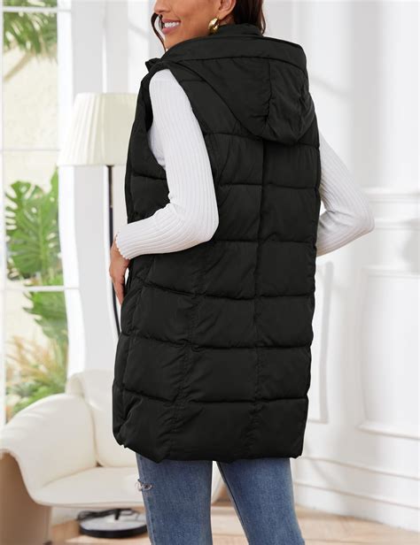 Gihuo Womens Long Puffer Vest Winter Quilted Hooded Long Vest Large