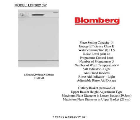 BLOMBERG DISWASHER 60 CMS FREESTANDING . MODEL LDF30210 WHITE ...