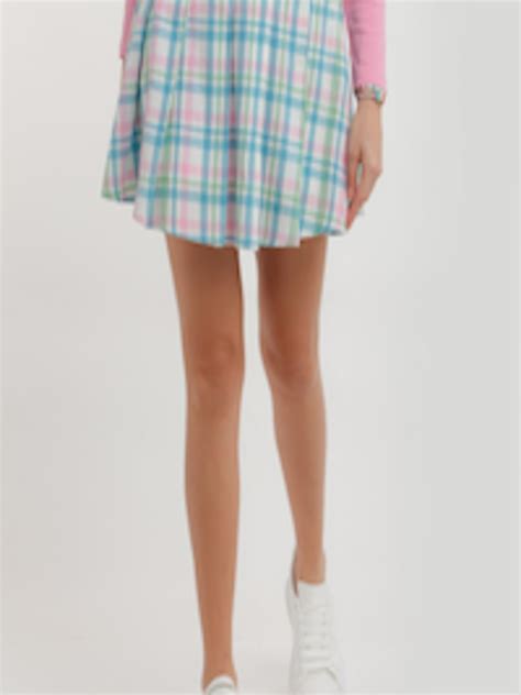 Buy Zink Z Women Blue And White Checked Pure Cotton Mini Pleated Flared