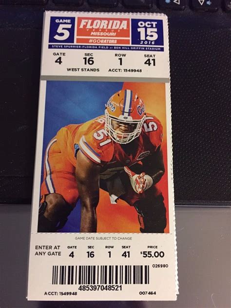 2016 Florida Gators Vs Missouri Tigers College Football Ticket Stub 10