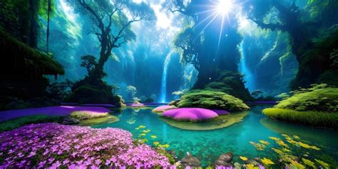 Premium AI Image Flowering Tropical Forest With Waterfalls Jungle Ai