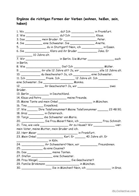 wohnen heißen sein oder haben English ESL worksheets pdf doc