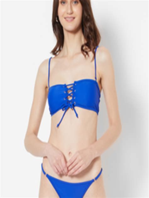 Buy URBANIC Women Blue Solid Lace Up Swim Bikini Set Swimwear For