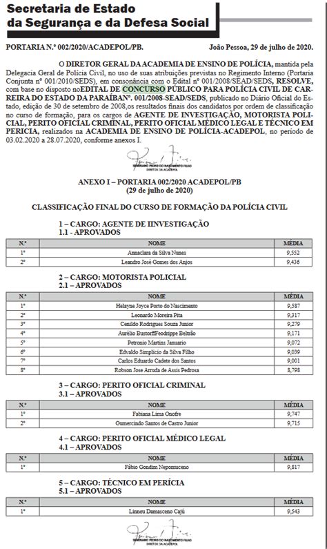 Concurso PC PB divulga classificados no Curso de Formação